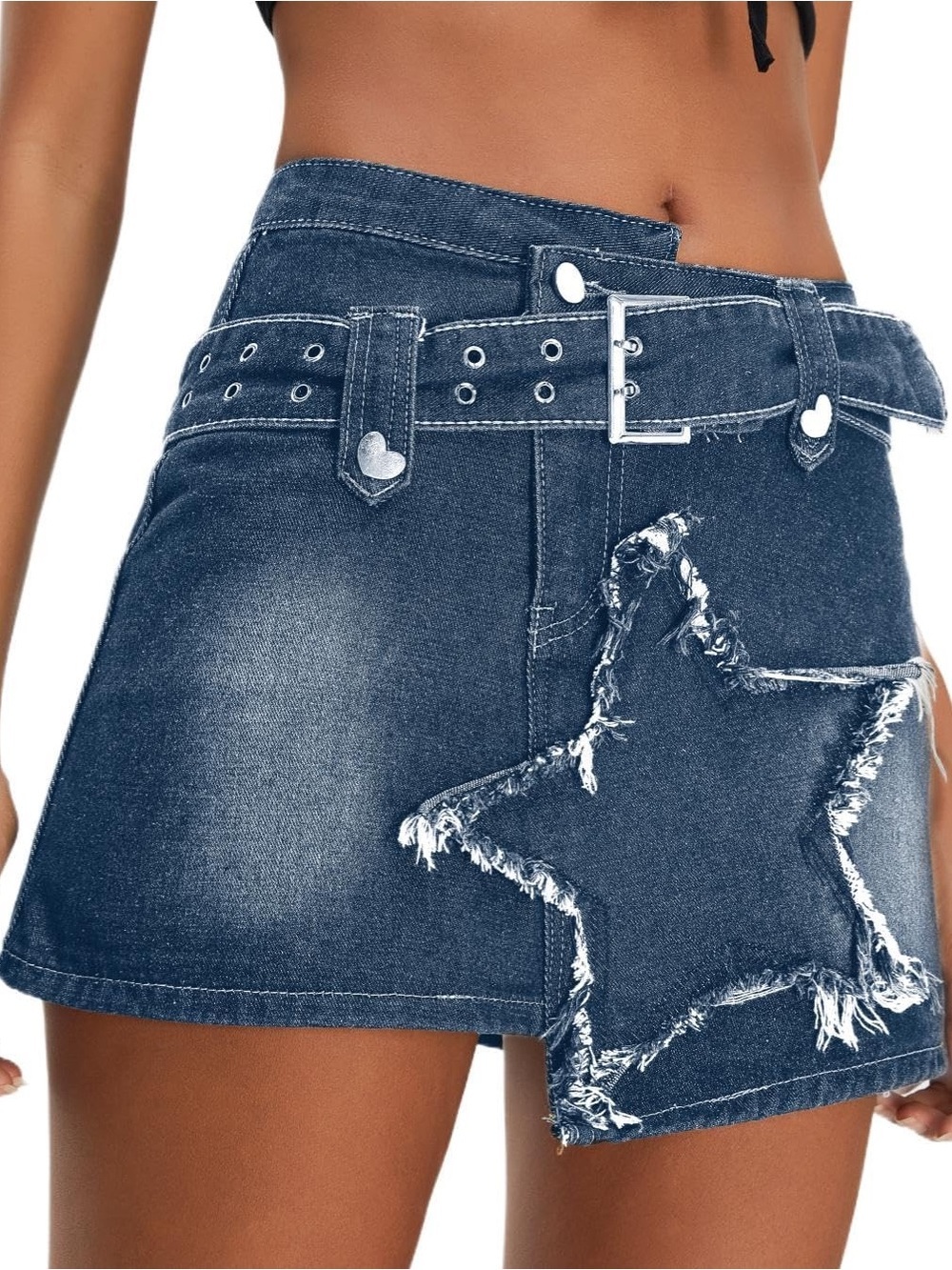 NWT Y2K Style Asymmetrical Denim Mini Skirt Star Patch Belted Distressed Size XL